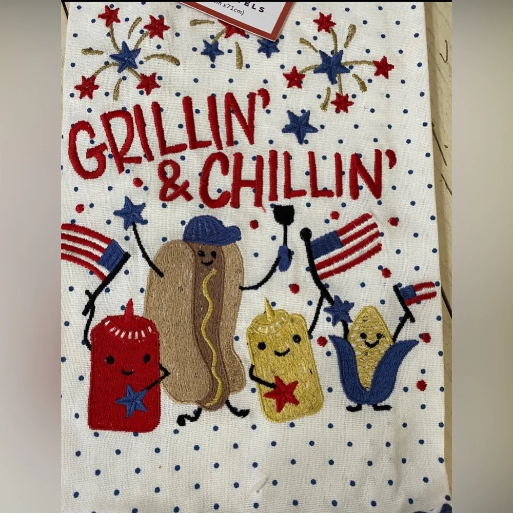 Storehouse Americana Kitchen Towel Set -Embroidered Grillin and Chillin LAST SET
